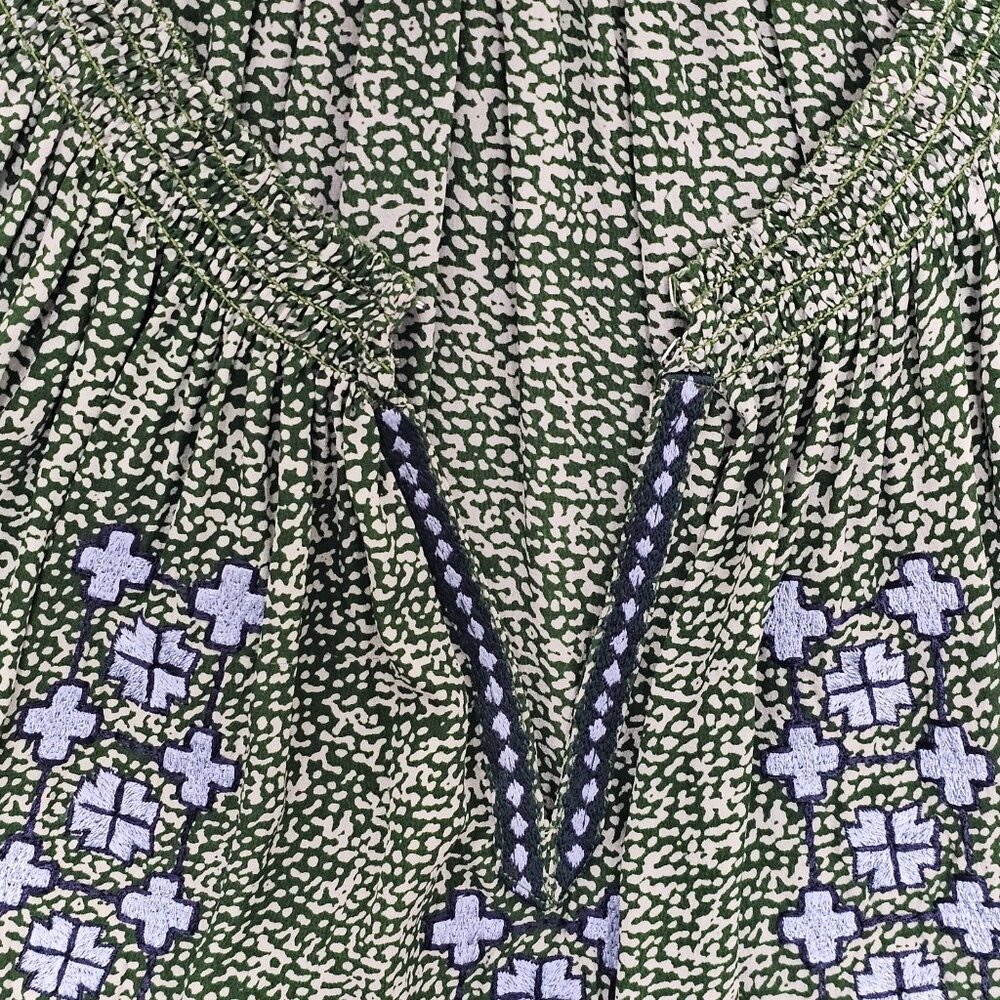 Rungolee Barcelona Embroidered Blouse Size XXS Silk Crepe V Neck Top Green Blue - Picture 4 of 6